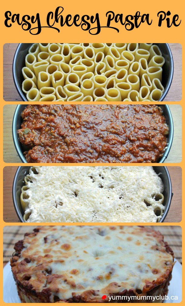 Easy Cheesy Pasta Pie: a kid-friendly recipe of rigatoni, tomato sauce and cheese - in pie form! | Dinner | YMCFood | YummyMummyClub.ca