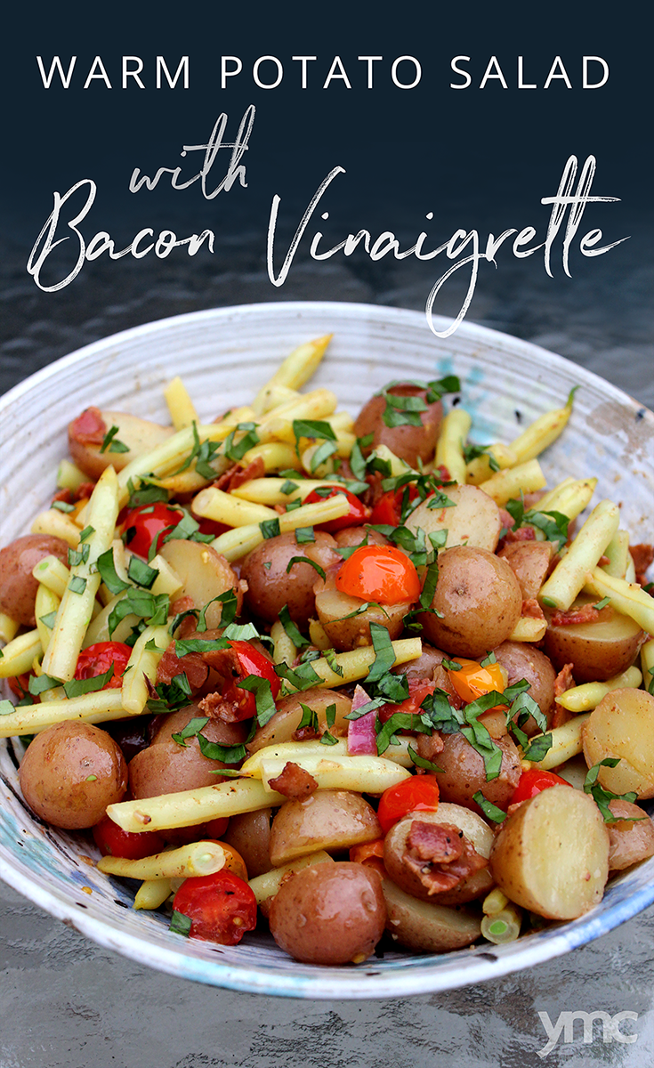 We like to eat this Warm Potato Salad with Bacon Vinaigrette while still warm, but I can confirm that it’s equally delicious at room temperature and straight out of the fridge. It’s a great picnic option too, since there’s no mayonnaise in the recipe.