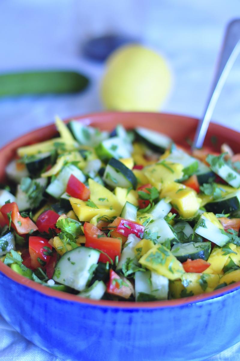 simple sriracha mango salad with cilantro and cucumbers