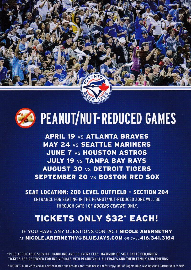 Toronto Blue Jays Peanut/Nut Reduced Zone game schedule