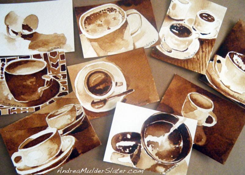 Coffee paintings on artist trading cards by Andrea Mulder-Slater.