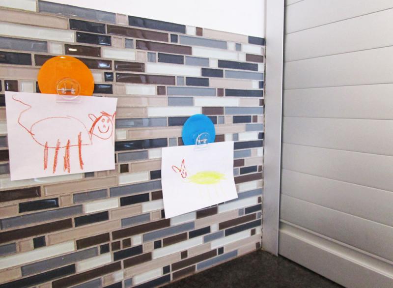 Kids art on tile backsplash using Elmer's Freestyle Stationary Clips