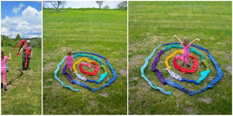 Colourful fabric spiral maze.