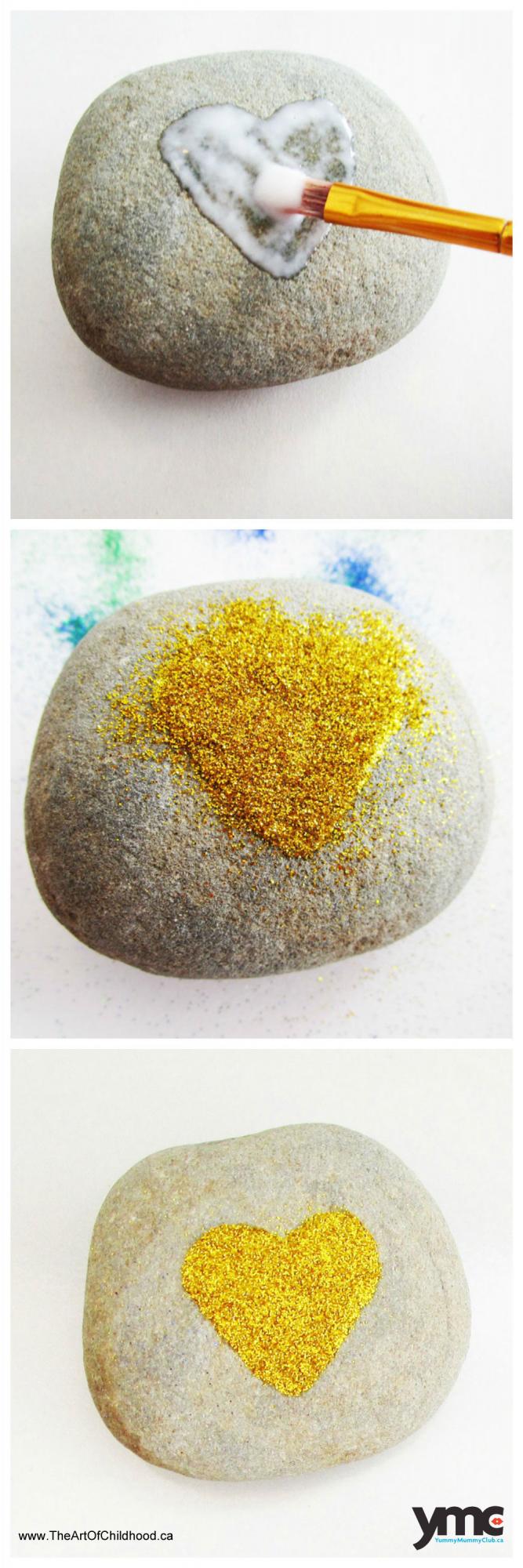 Paint a heart on a rock using glue, sprinkle it with glitter, shake off the glitter and voila.