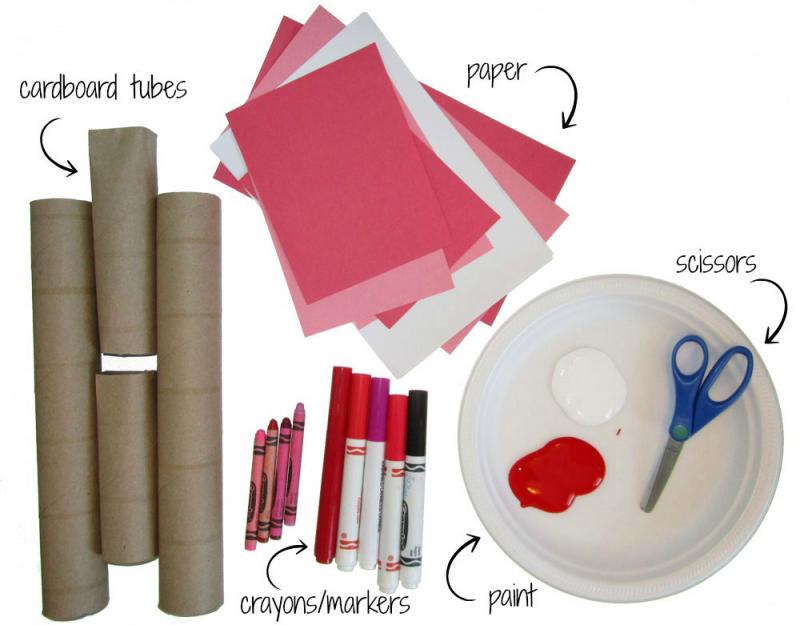Gather your supplies: cardboard tubes, scrap paper, paint, markers and scissors.