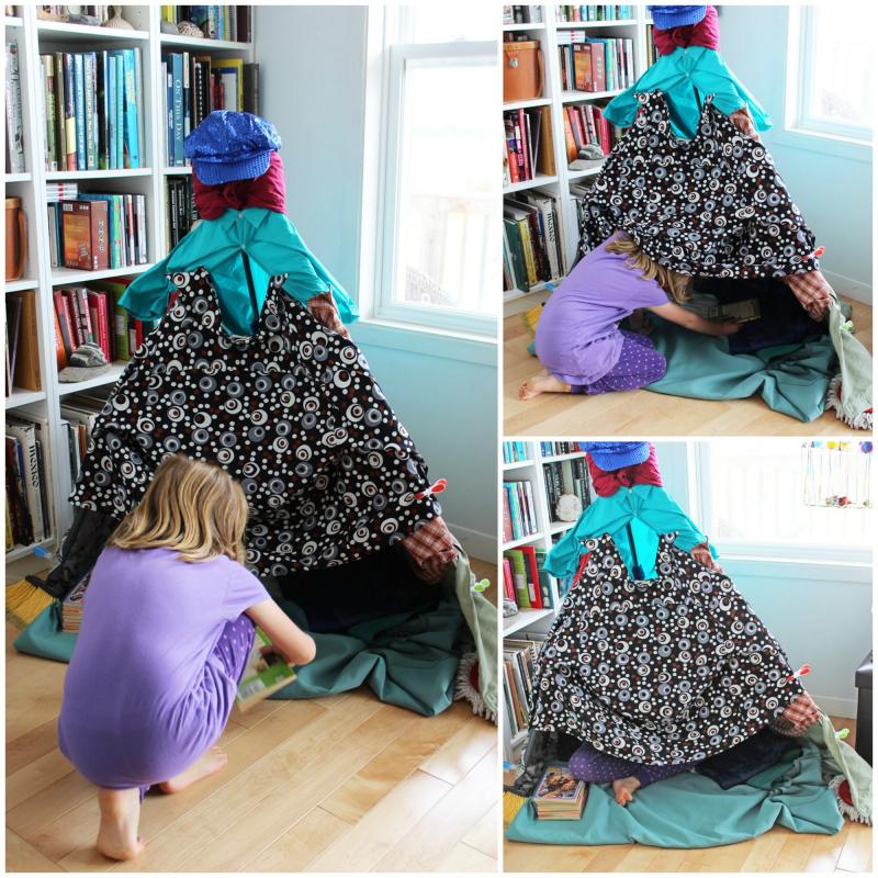 Reading nook made of old shirts.