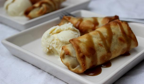 Baked Banana Egg Rolls with Caramel-Rum Sauce are delicious and easy to prepare