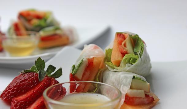 Fill rice paper with fresh fruit and mint leaves instead of vegetables and herbs for a fresh twist on summer rolls