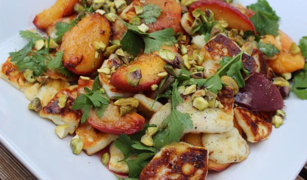 Grilled Fresh Peaches and Mediterranean-Style Cheese Salad
