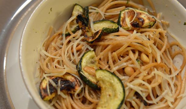 lemon basil pasta with toasted pine nuts and roasted zucchini
