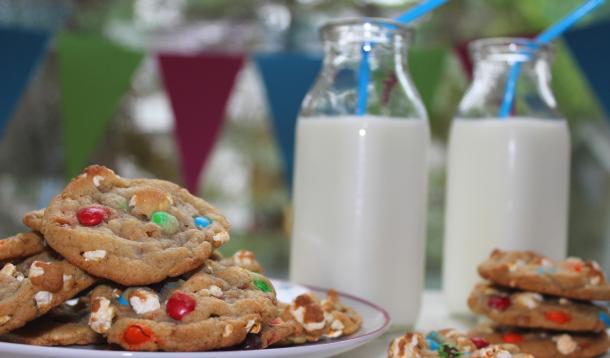 Buttery popcorn, toffee and colourful chocolate candies make these cookies delicious and festive
