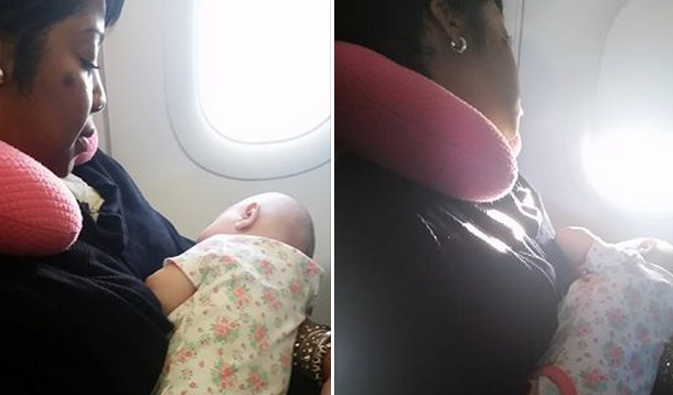 passenger helps mom on flight 