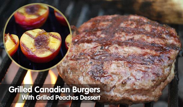 grilled burgers and grillled peaches