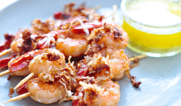 Coconut Jerk Shrimp Skewers with Lime Butter Dip 