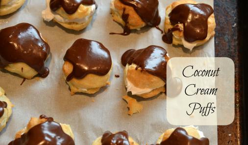 Coconut cream puffs with chocolate glaze.