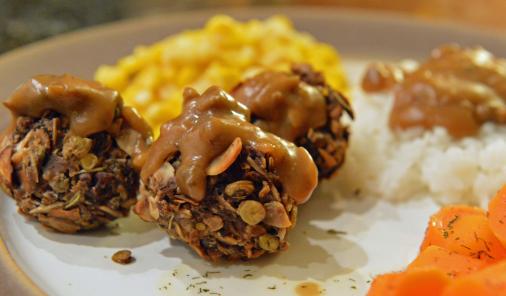 lentil mushroom pecan almond balls with mushroom gravy