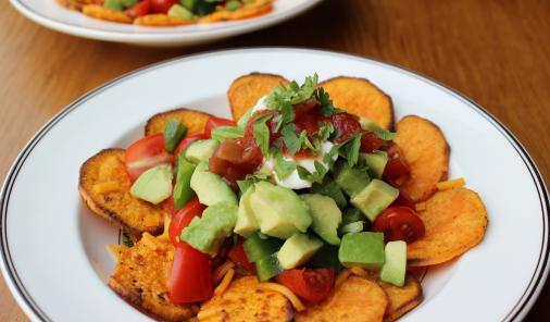 Crispy Sweet Potato Chips are the perfect base for this healthy nacho bowl