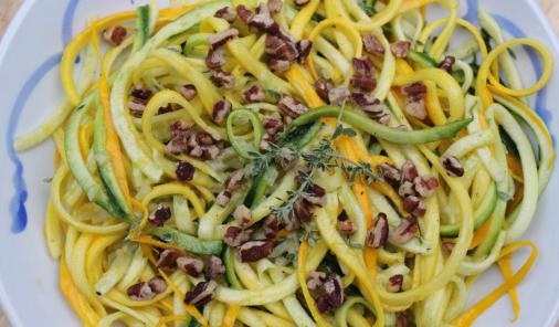 Spiralized zucchini and a zippy dressing make this an easy, delicious salad