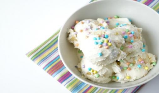 Chunks of birthday cake, chunks of icing and plenty of sprinkly toppings turn ordinary vanilla ice cream into a fun, festive treat. | YMCFood | YummyMummyClub.ca