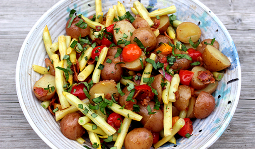 We like to eat this Warm Potato Salad with Bacon Vinaigrette while still warm, but I can confirm that it’s equally delicious at room temperature and straight out of the fridge. It’s a great picnic option too, since there’s no mayonnaise in the recipe.
