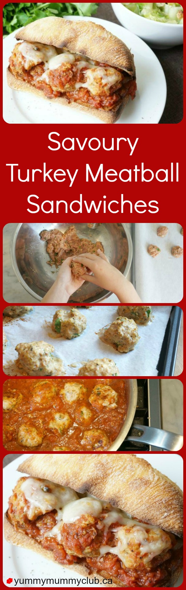 Turkey meatball subs are a great family-friendly dish, because they are versatile, they are easy to make, and the kids can help make them. The ingredients are simple, and the meatballs can be made in advance, frozen, and then popped in the delicious marinara sauce to warm them through. Add a crusty bun, some melty cheese and you have a quick weeknight dinner, or a busy hockey weekend meal. | YMCFood | YummyMummyClub.ca