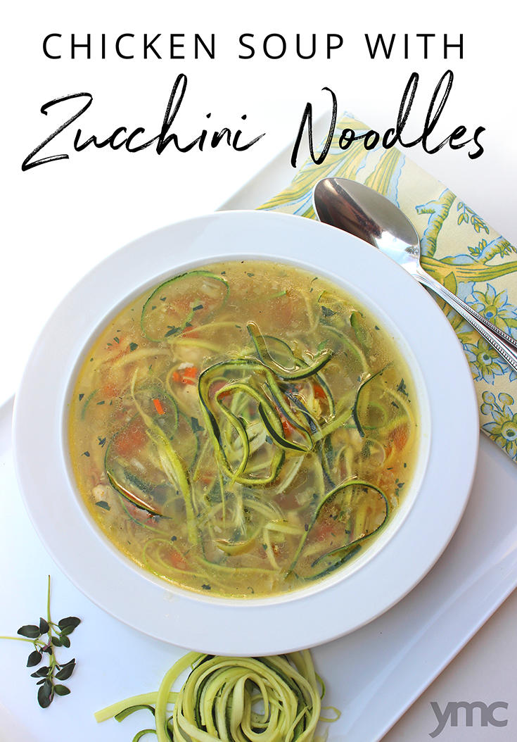 Chicken Soup with Zucchini Noodles is a great way to use your spiralizer, and it's a great way to cut out the starchy carbs for a healthy garden fresh twist on an old classic in less than 30 minutes. | Gluten free | YMC