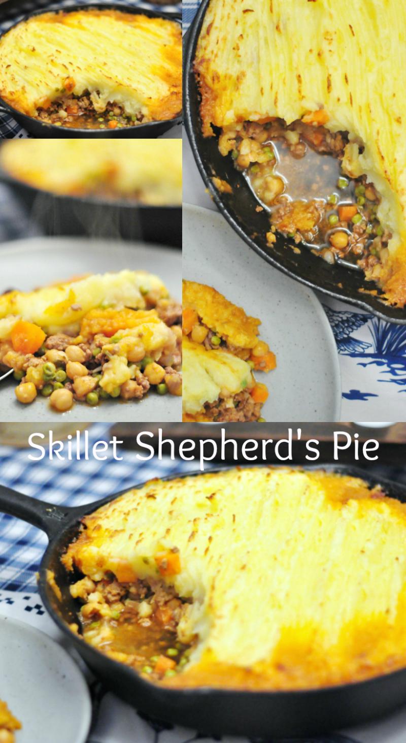 One-pan skillet Shepherd's Pie made with lean beef, chickpeas, carrots, and peas makes this a healthier alternative to a family favourite.