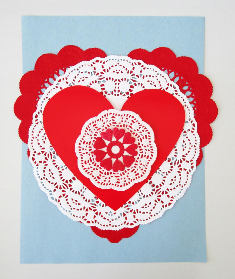 Layering doilies and heart cut-outs to make vintage Valentines. Easy activities for kids.