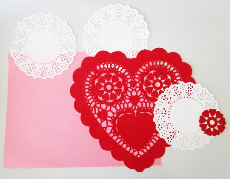Make vintage Valentines with doilies and hearts.