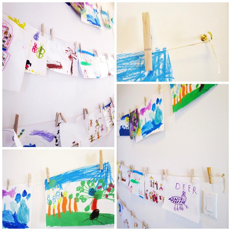 Make a gallery with string, cup hooks and clothespins.