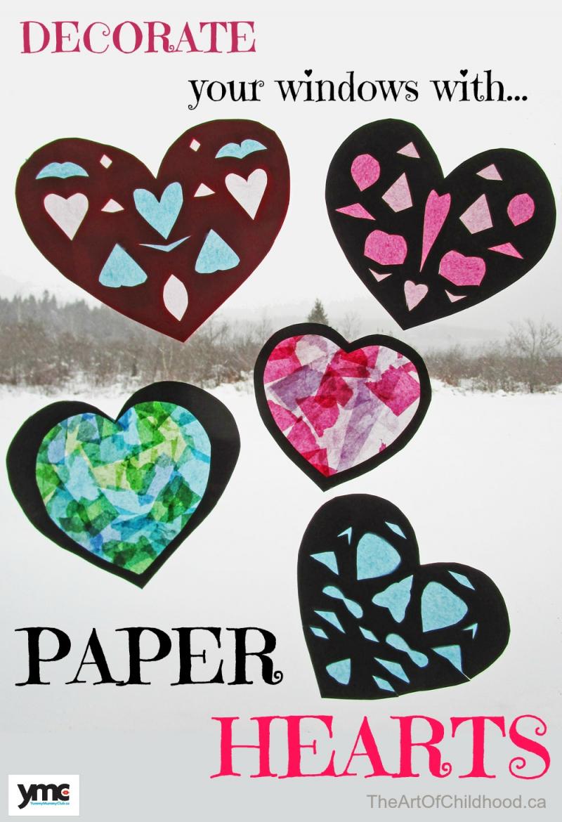 Teach your kids how to make these faux stained-glass paper hearts for decorating your windows on Valentine's Day. | Kid Crafts | YummyMummyClub.ca