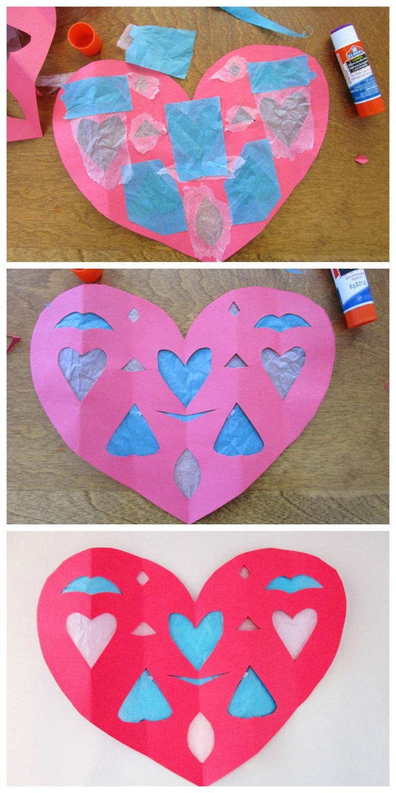 Teach your kids how to make these faux stained-glass paper hearts for decorating your windows on Valentine's Day. | Kid Crafts | YummyMummyClub.ca