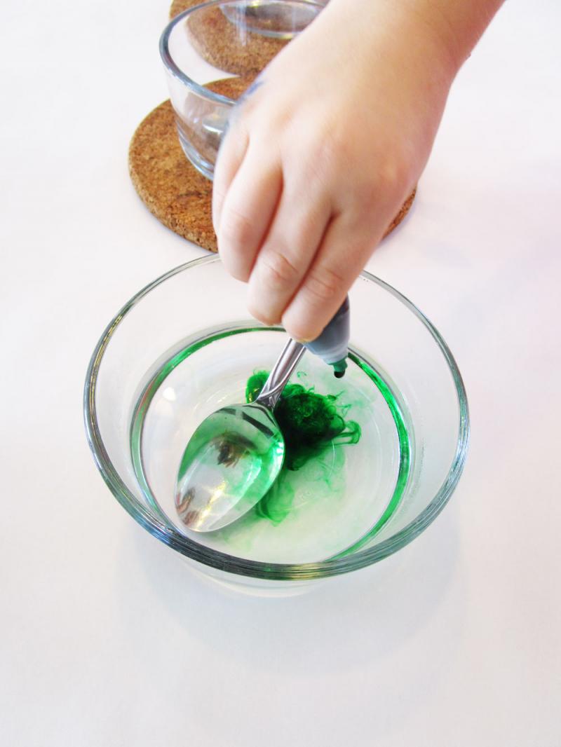 Squeeze 10 to 20 drops of food colouring into the water and vinegar.
